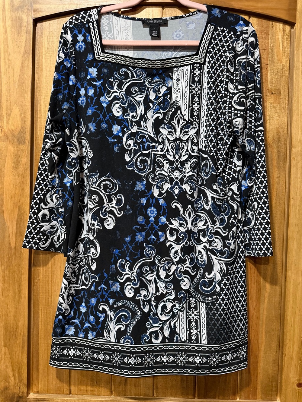 White House Black Market Black, Blue & White Floral-Print Square-Neck Midi Dress